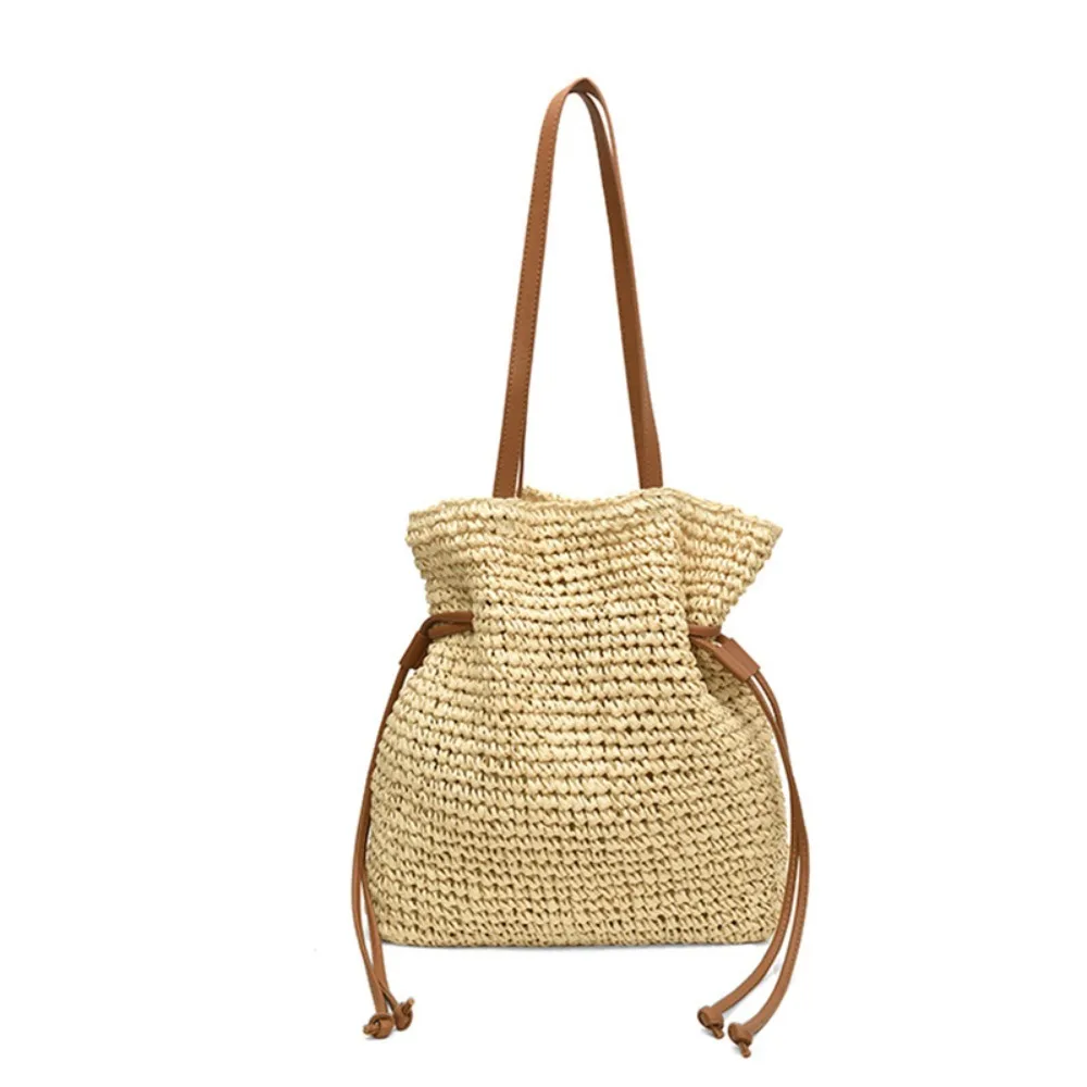 

Beach Drawstring Crochet Bag Large Capacity Solid Color Tote Bag Square Straw Woven Shoulder Bag