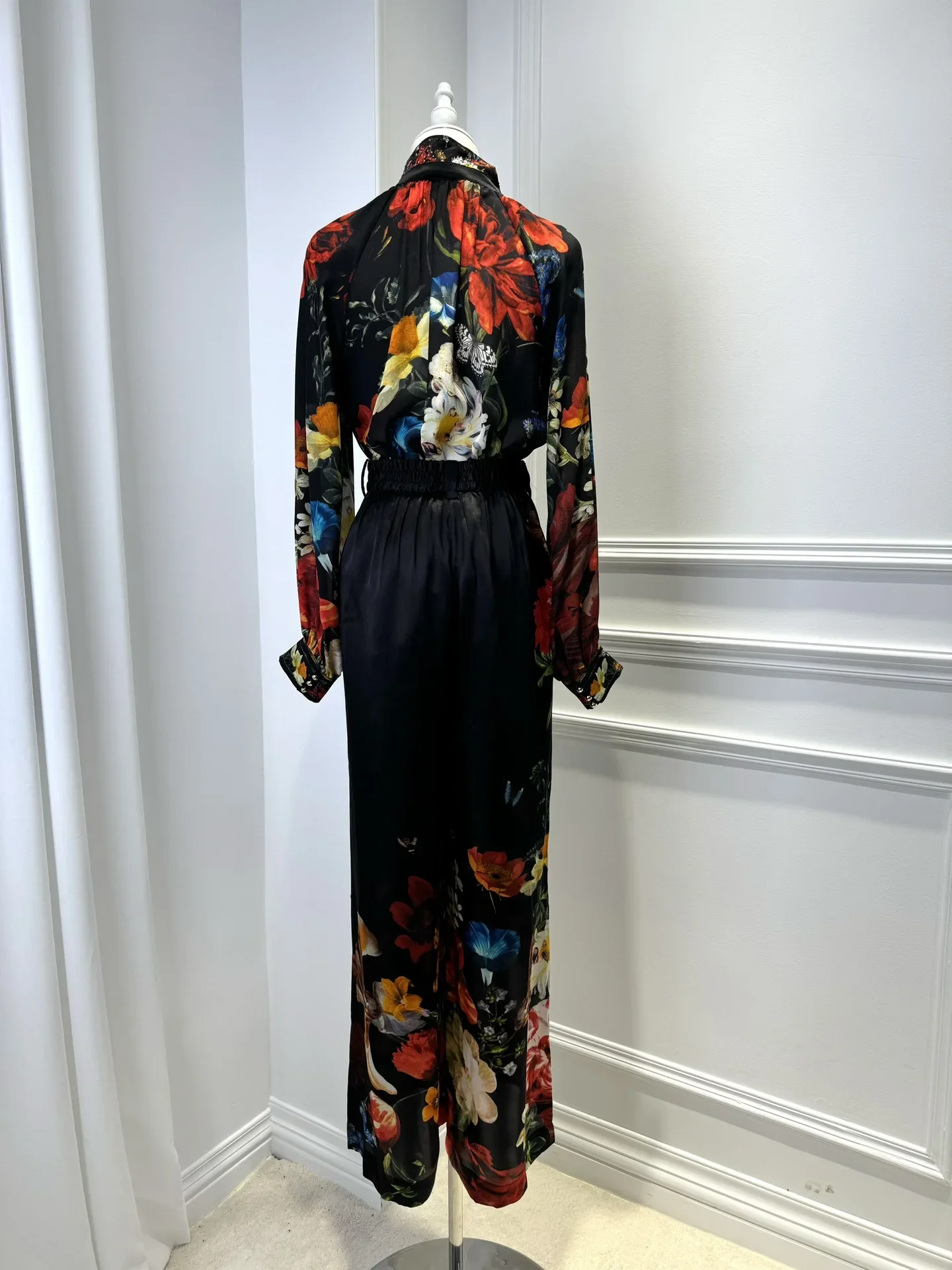 Women Flower Printed Set High Waist Wide Leg Pants or Silk Turtleneck Long Sleeve Blouse