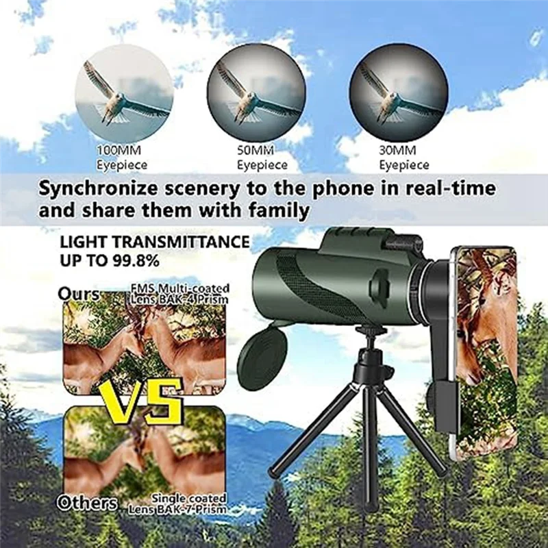 Monocoli per telescopio monoculare 80 x100 per adulti monoculare compatto per adattatore per Smartphone, con treppiede