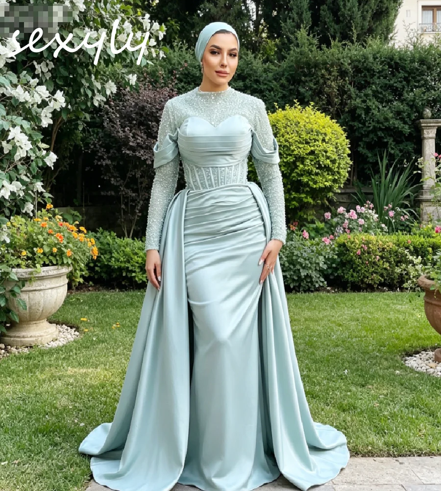 

Glam Muslim Prom Dress With Overskirt Train Elegant High Neck Sequin Mermaid Evening Gowns Kaftan Moroccan Satin Abaya Formal