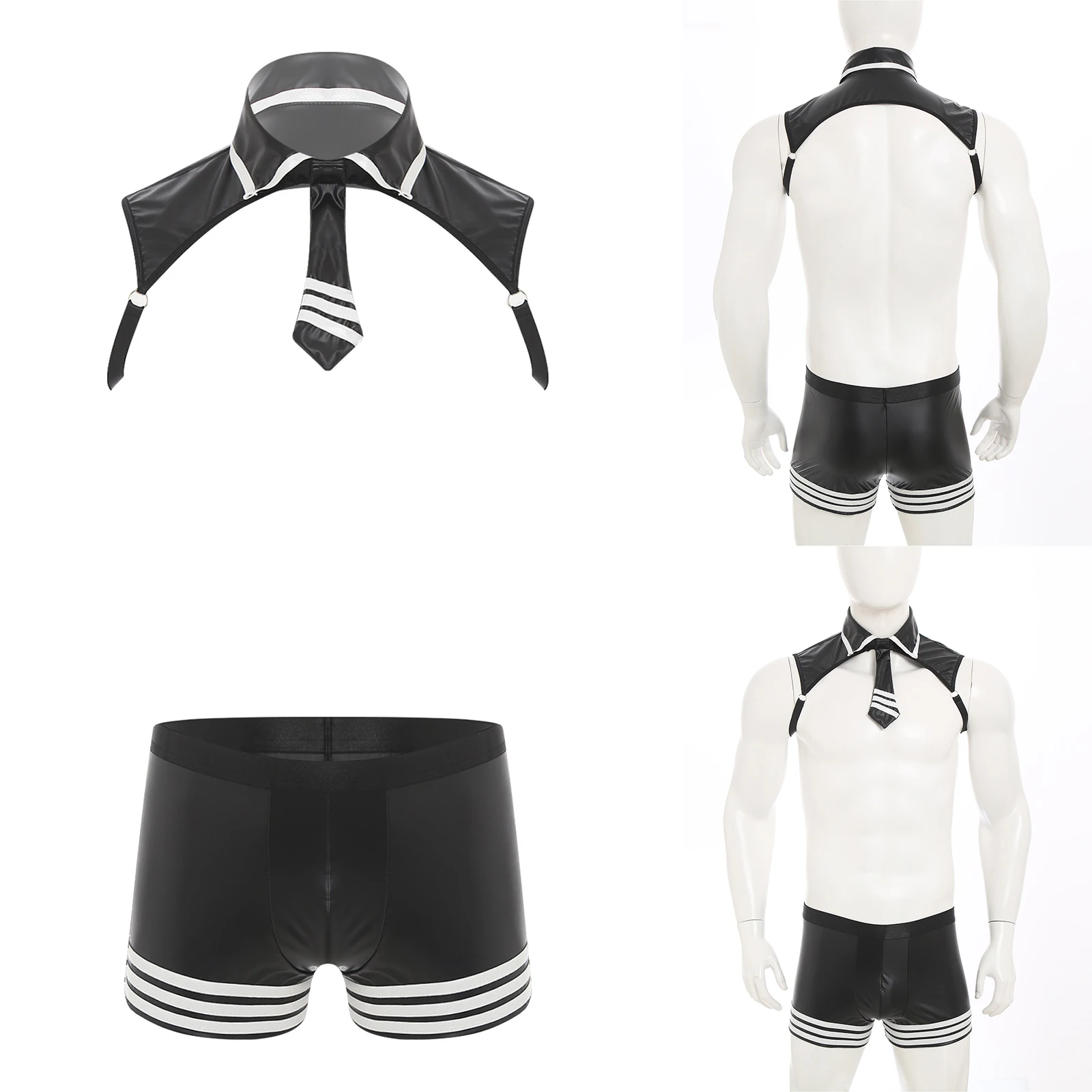 

Мужской комплект нижнего белья, полосатый галстук, укороченные топы, шорты-боксеры, мягкая искусственная кожа, комплект из 2 предметов для ночного клуба, свиданий, ночное белье