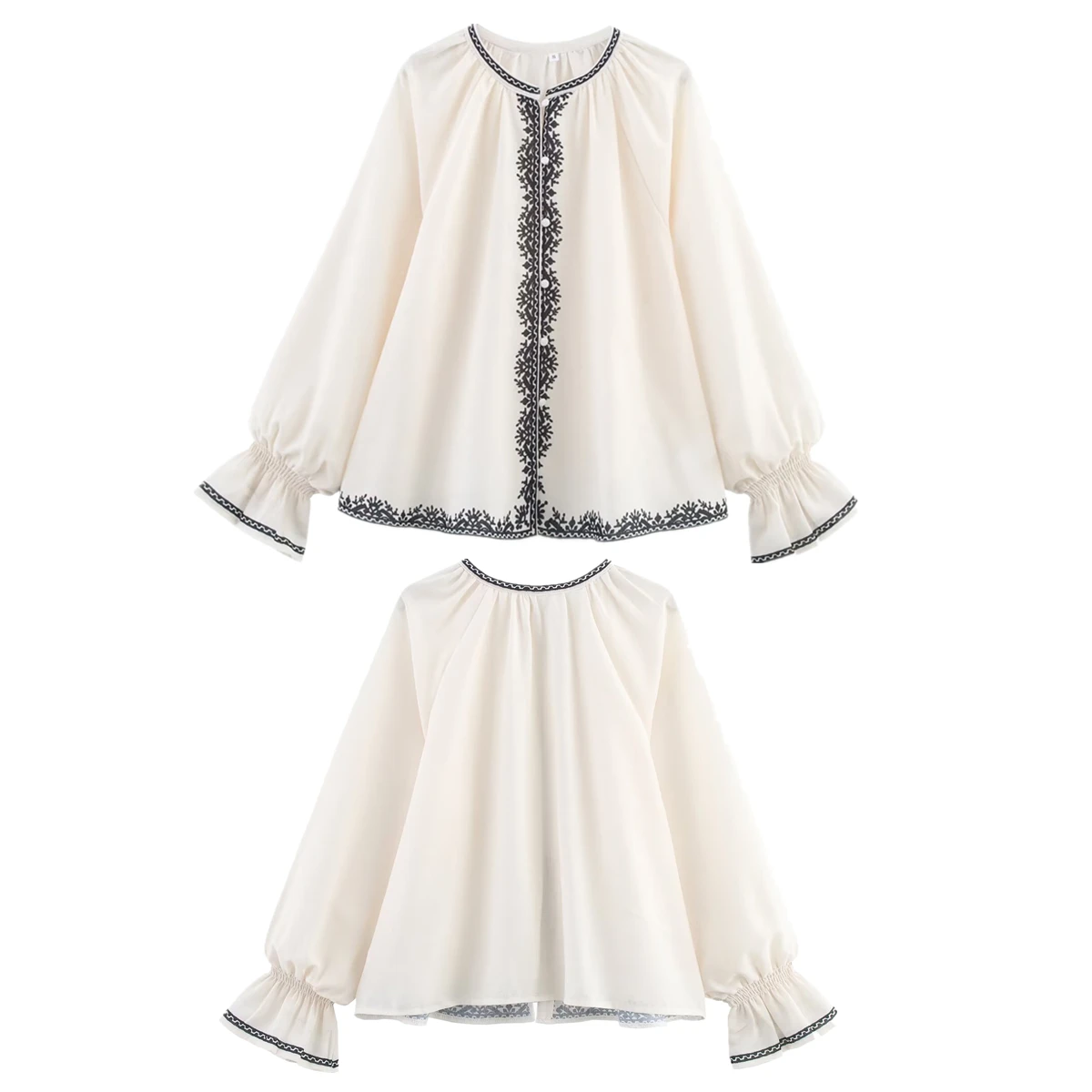 

Maxdutti French Lazy Bohemian Geometric Print Shirt Trumpet Sleeve Loose Shirt For Women Summer Kimono Blouse Women Top