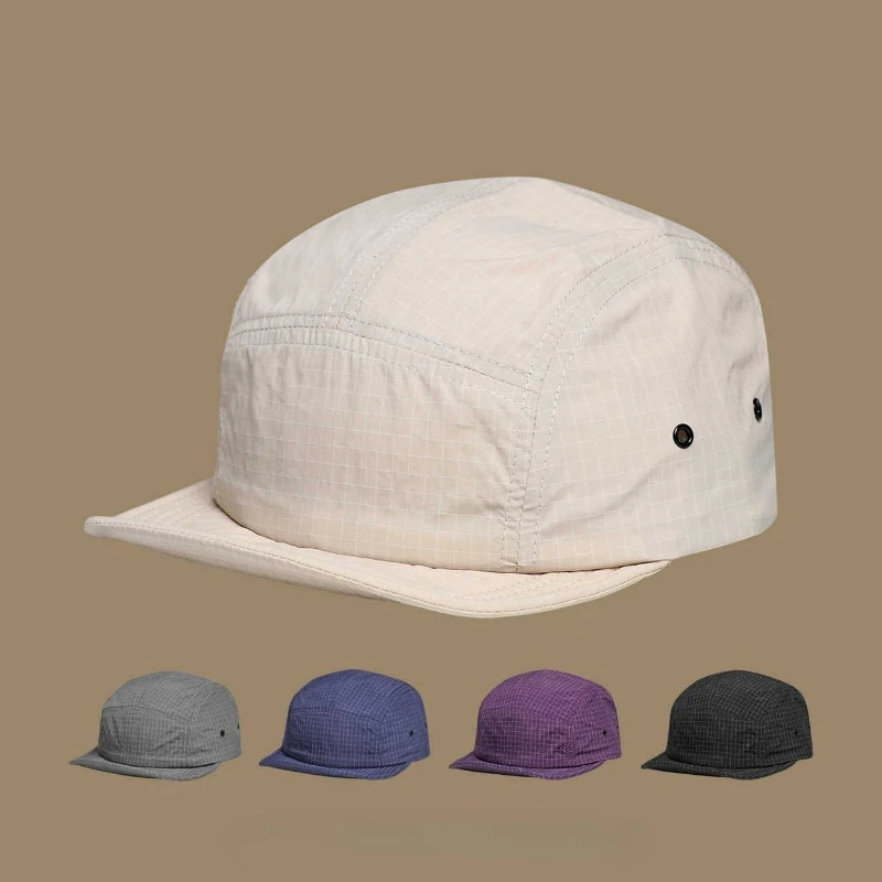 Outdoor Sport 5 Panel Cap Lightweight Nylon Running Baseball Cap Vintage Blue Checkered Flat Brim Cap for Travel Hiking