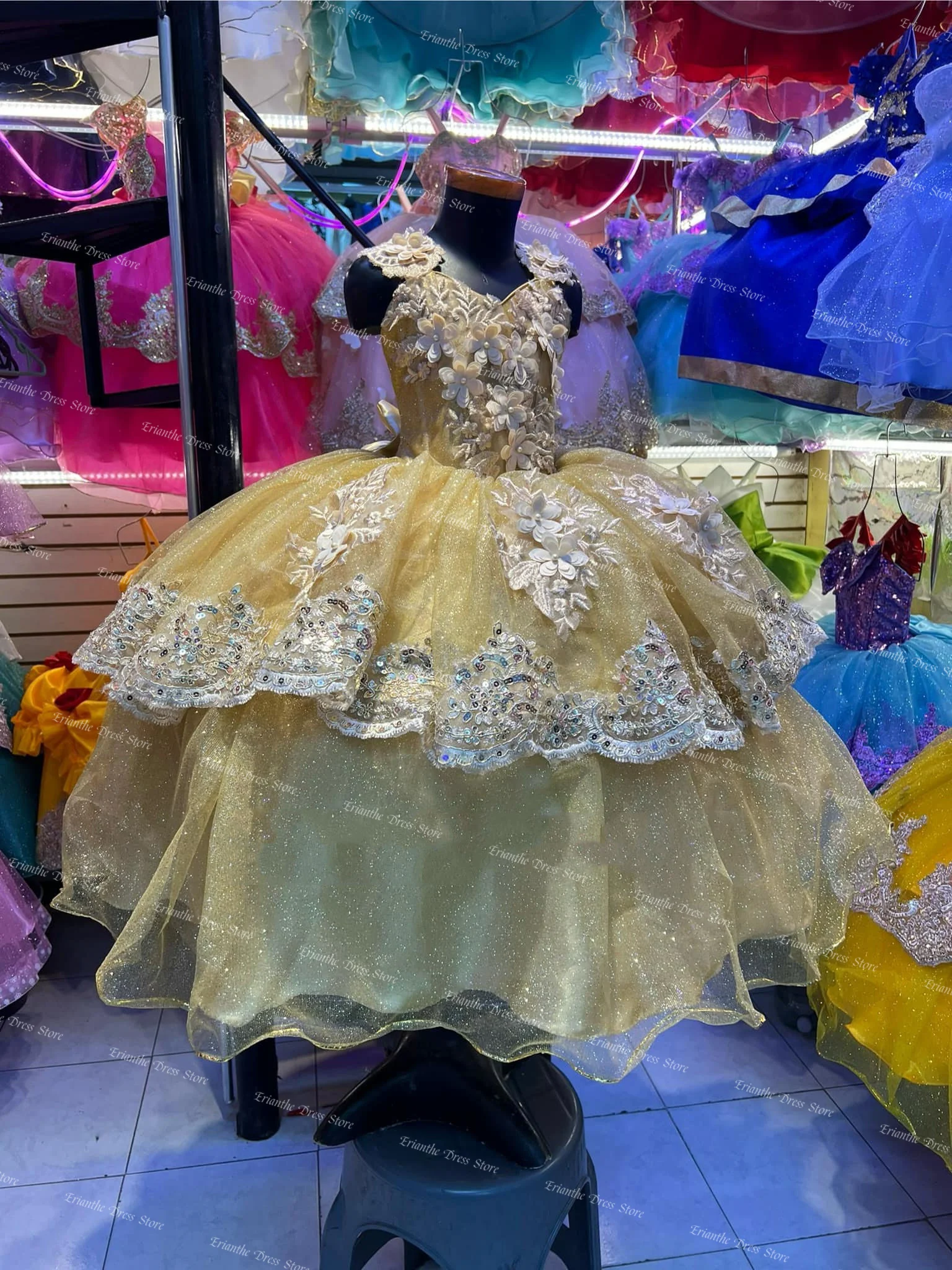 Personalizado 3d flores vestido da menina de flor para o casamento applique tule inchado arco criança primeiro eucarístico vestidos festa aniversário