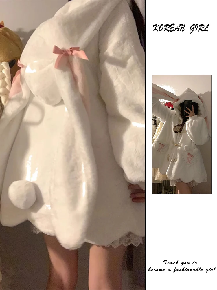 

Cute Rabbit Ear Lamb Fur Jacket Women's Autumn Winter Thickened Fleece Cotton Coat Short Size Korean Style Long Sleeve Hooded