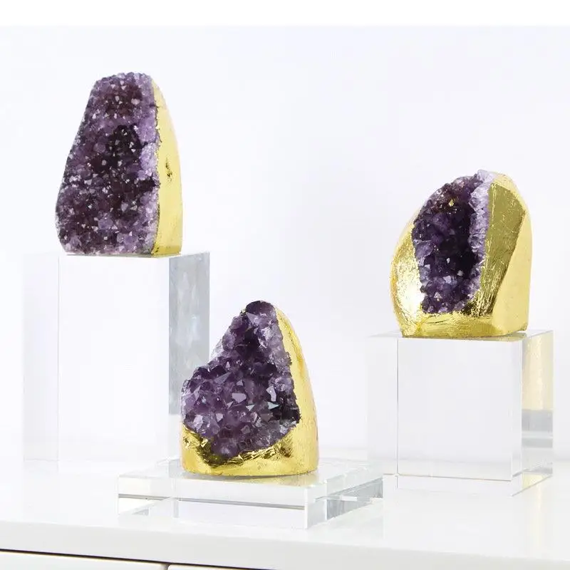 Amethyst/kyanite Artwork Crystal Base Ornaments Desk Decoration Gold-plated Ore Sculpture Crafts Room Aesthetics Decor