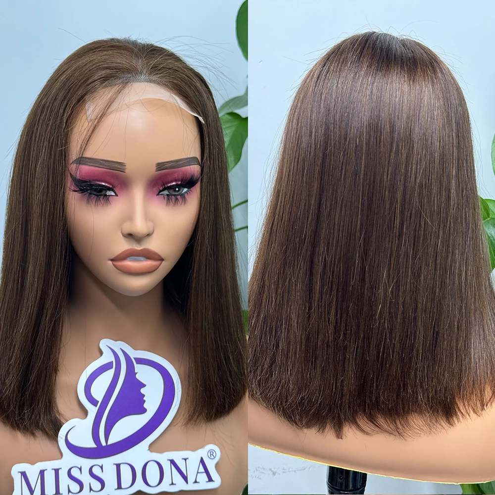 12A 4*4 Lace Closure Wig 200% Density Double Drawn Straight Bob Hair Wig Chocolate Brown Human Hair Wig 10-16 Inches