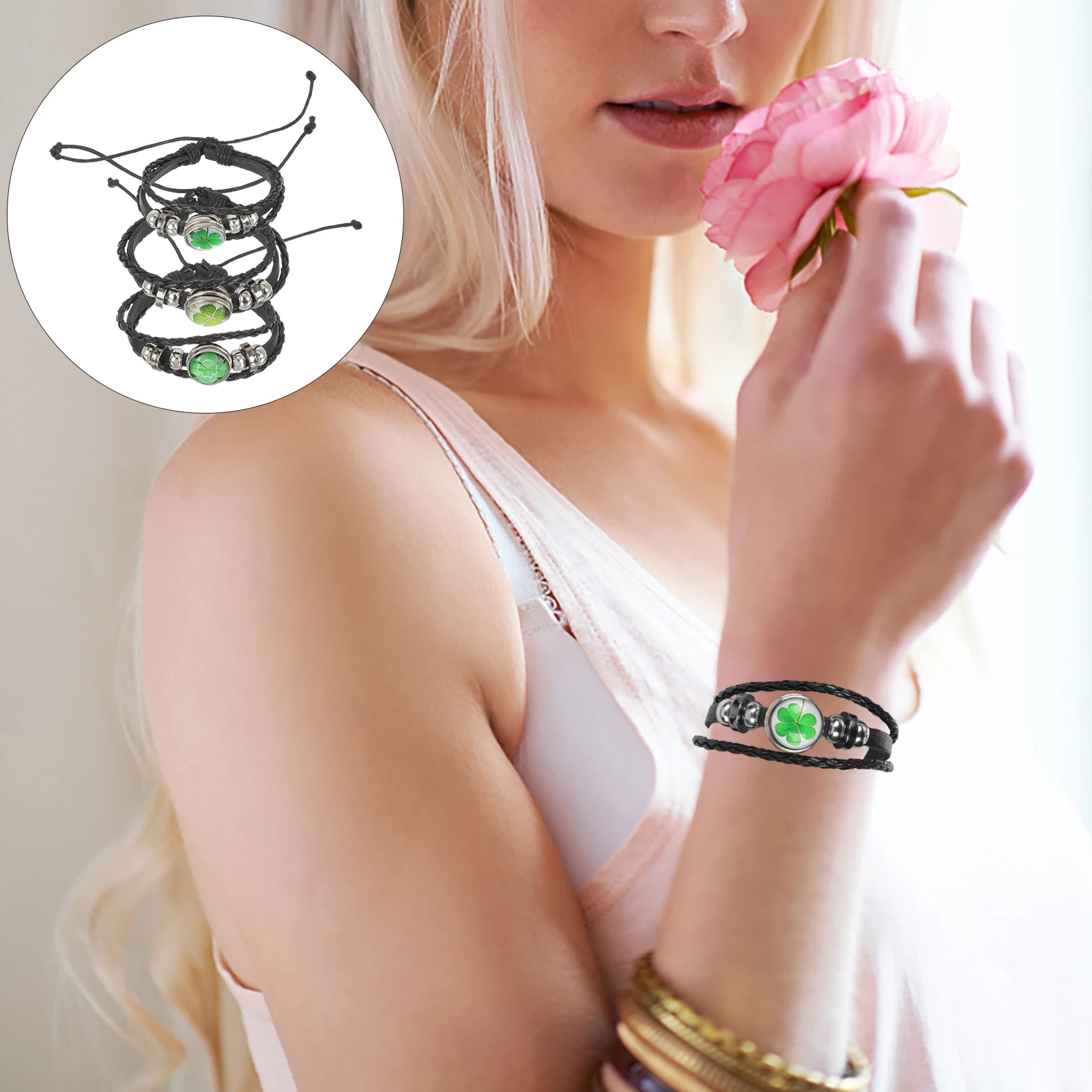 

3pcs Four-Leaf Clover Wrist Chain Bracelet Women Braided Rope Glass Charm Cord String Hand Chain Gift Fashion Accessory