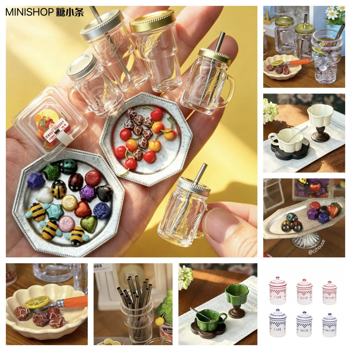 Miniature Ladybug Bee Chocolate Ornaments, Stackable & Handheld Cold Cups, Cherry Fruit Box, Mini Preserved Plum DIY Scene Decor