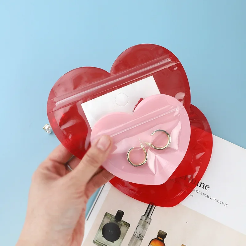 10 stks Hersluitbare Hartvorm Platte Plastic Zip Lock Zakken Front Clear Valentine Snoep Sieraden Geschenken Haarspeld Opslag Pack Zakjes