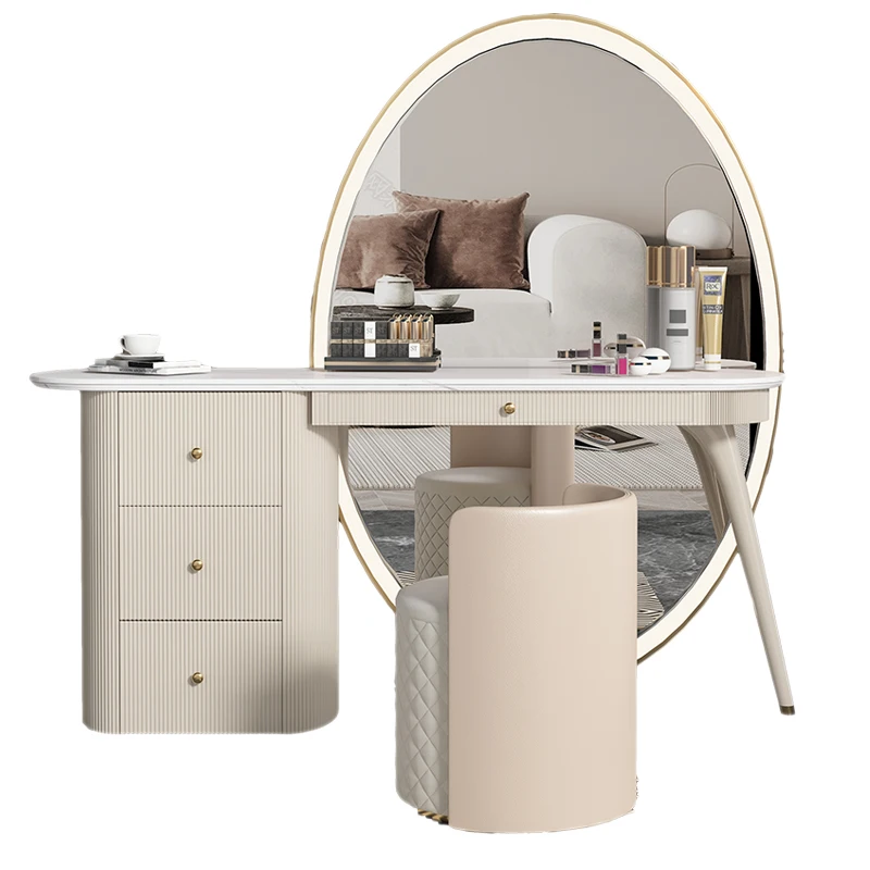 

Minimal light luxury dresser, high-end makeup table, stool, bedroom, full-body mirror, storage cabinet integrated