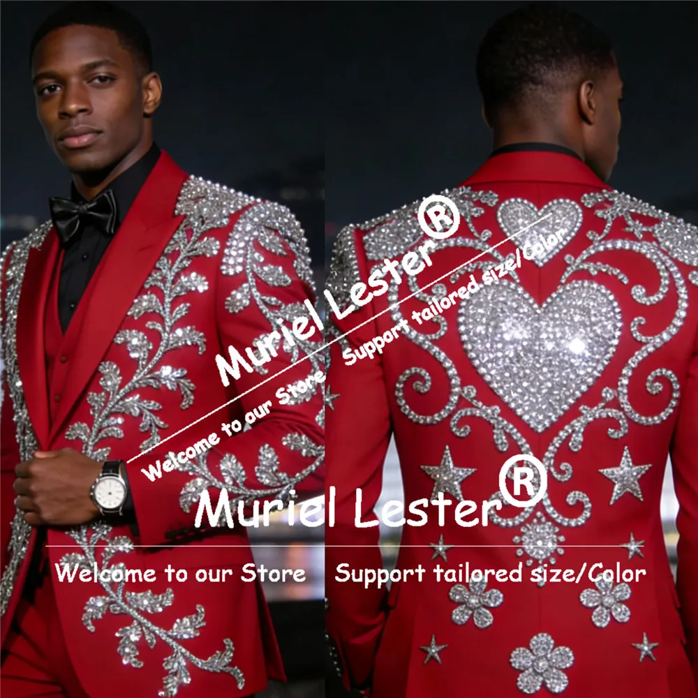 

Brilliant Metallic Beads Pearls Suit Men For Wedding Peaked Lapel Prom Blazers Customized 3 Piece Groom Tuxedos Terno Masculino