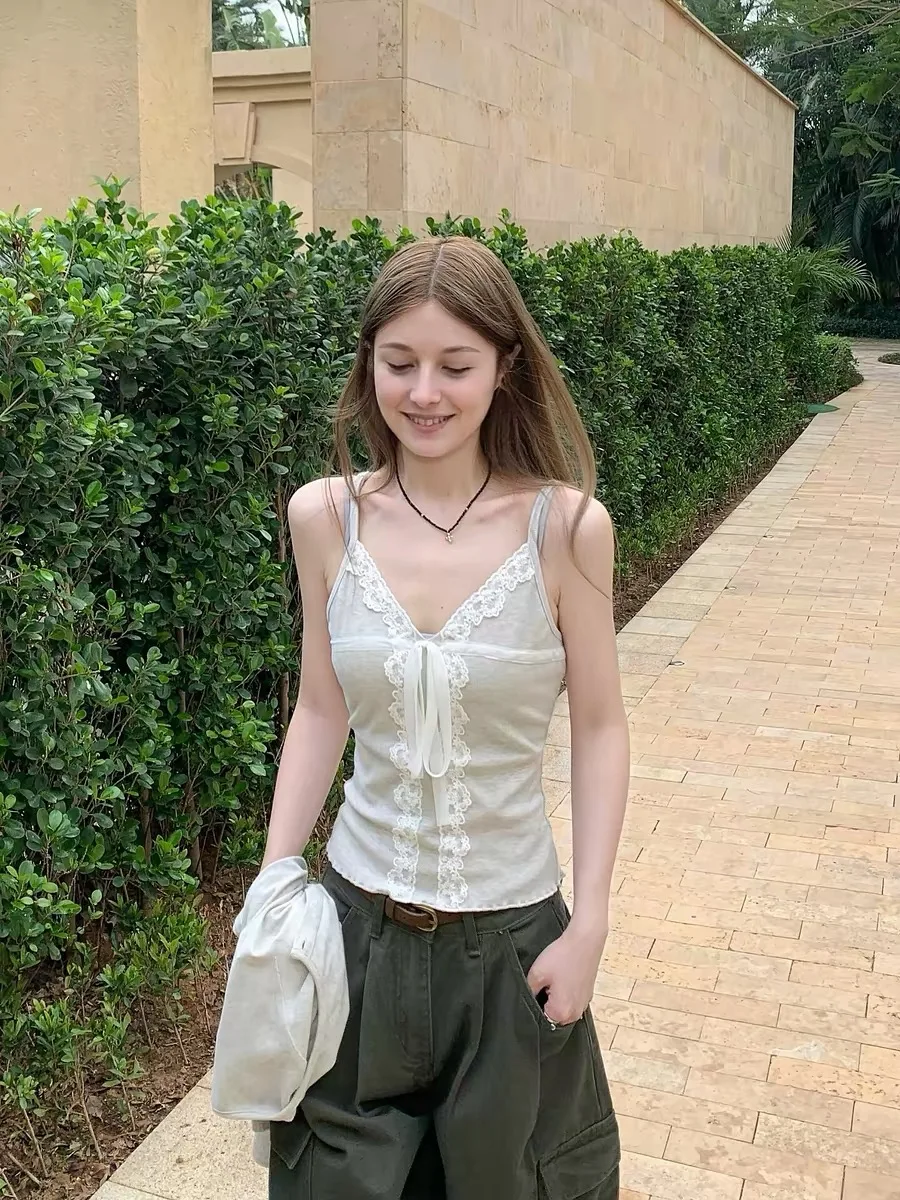 Women's Slim Fit Lace Crop Top Tank Vest 95 Cotton Summer New Style Big Size Outerwear Inner Wear Base Shirt Casual Simple