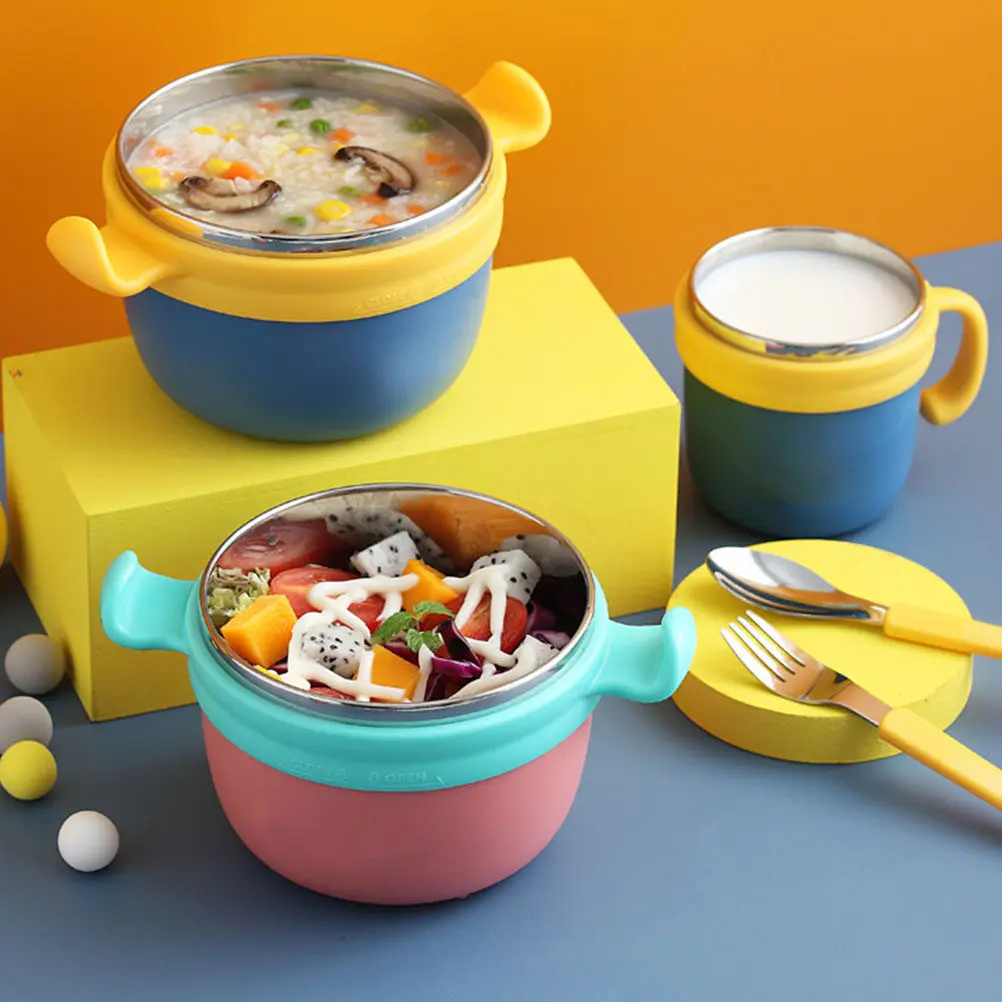 

1Set Baby Stainless Steel Insulation Feeding Bowl Set Temperature Control Suction Cup Infant Training Tableware