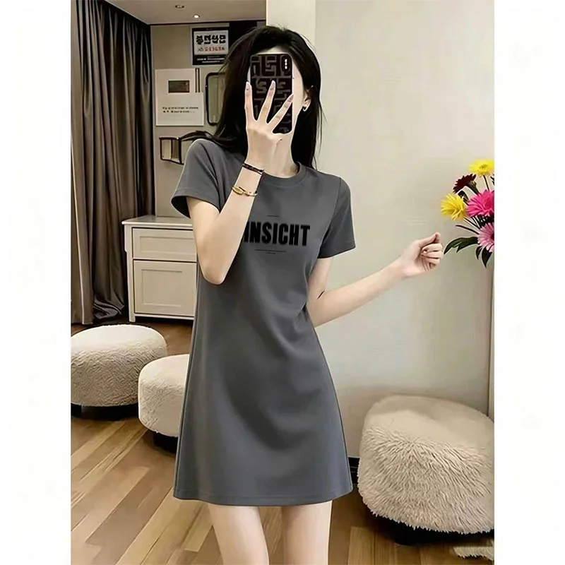 Fashionable Versatile Slim Fit T-Shirt Midi Dress round Neck A-Line Skirt Casual Cotton Short Sleeve Bodycon Summer Dress