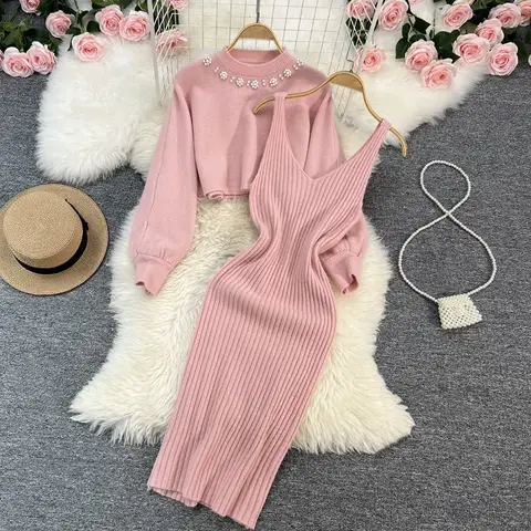 Knit 2 Piece Set Women Long Sleeve Beading Pullover+V-neck Bodycon Dress 2pcs Knitted Matching Sets 2025 Autumn Winter Clothing