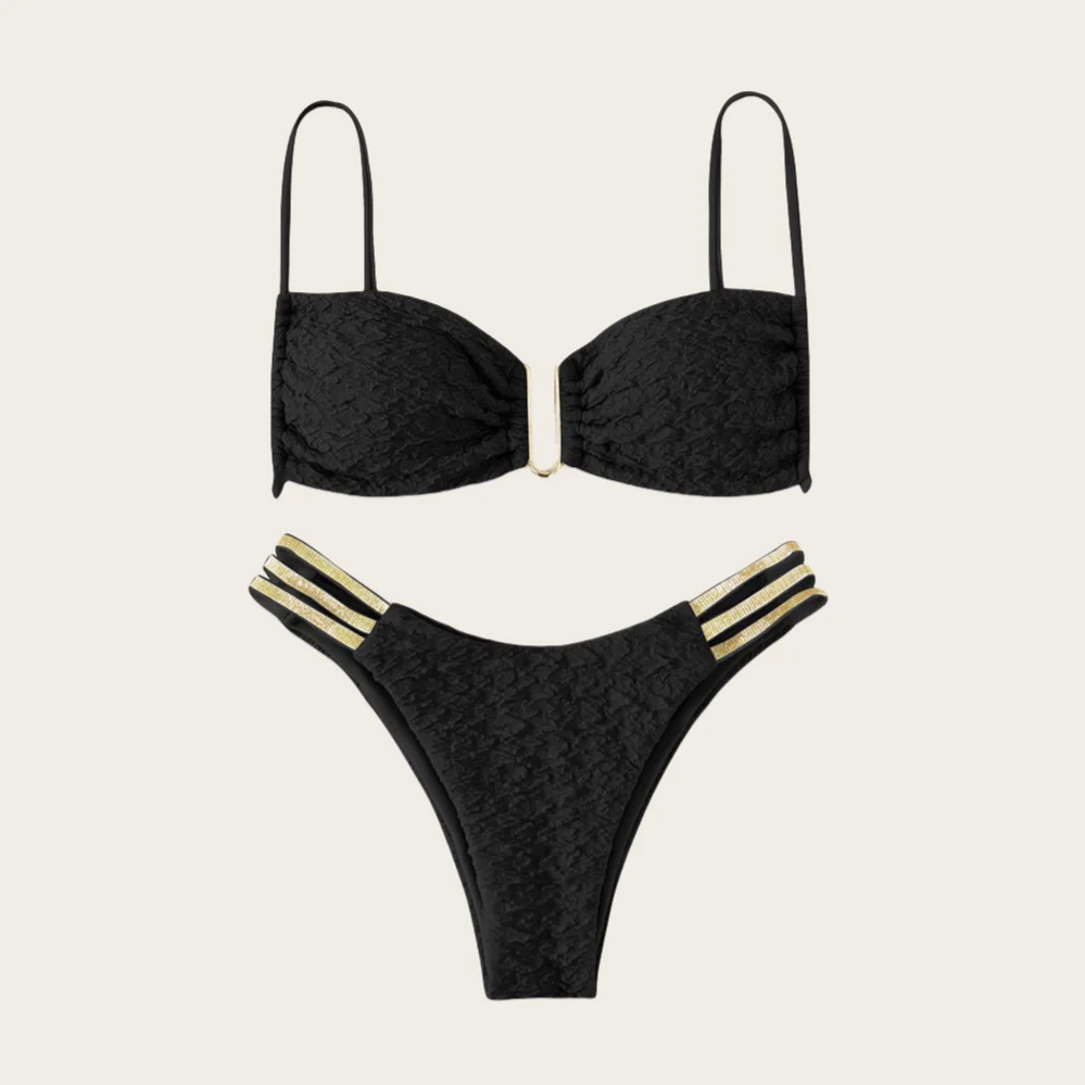 

Chic Black Sexy Bikini Set Gold Detail Textured Bandeau Top and Triangle Bottoms Two Piece Swimsuit Summer Women Beach Swimwear