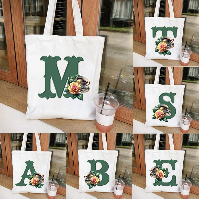 Canvas Bag for Women Bacherlette Party Handbag Rose Coffee 26 Alphabet A-Z Shopper Reusable Shoulder Bag Floral Letter Tote Bag