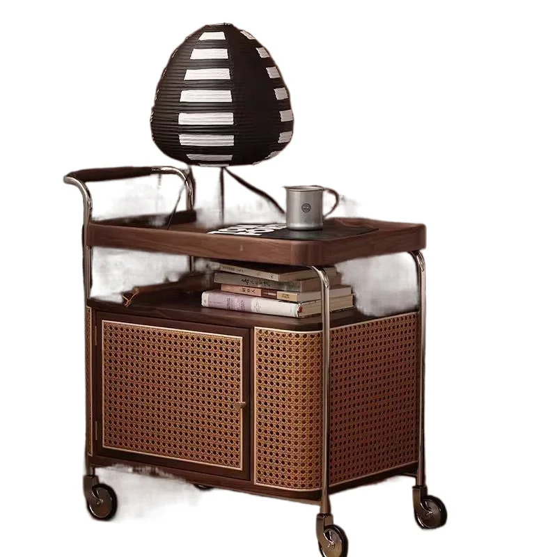 

Black walnut solid wood coffee table rattan storage side cabinet sofa side storage trolley