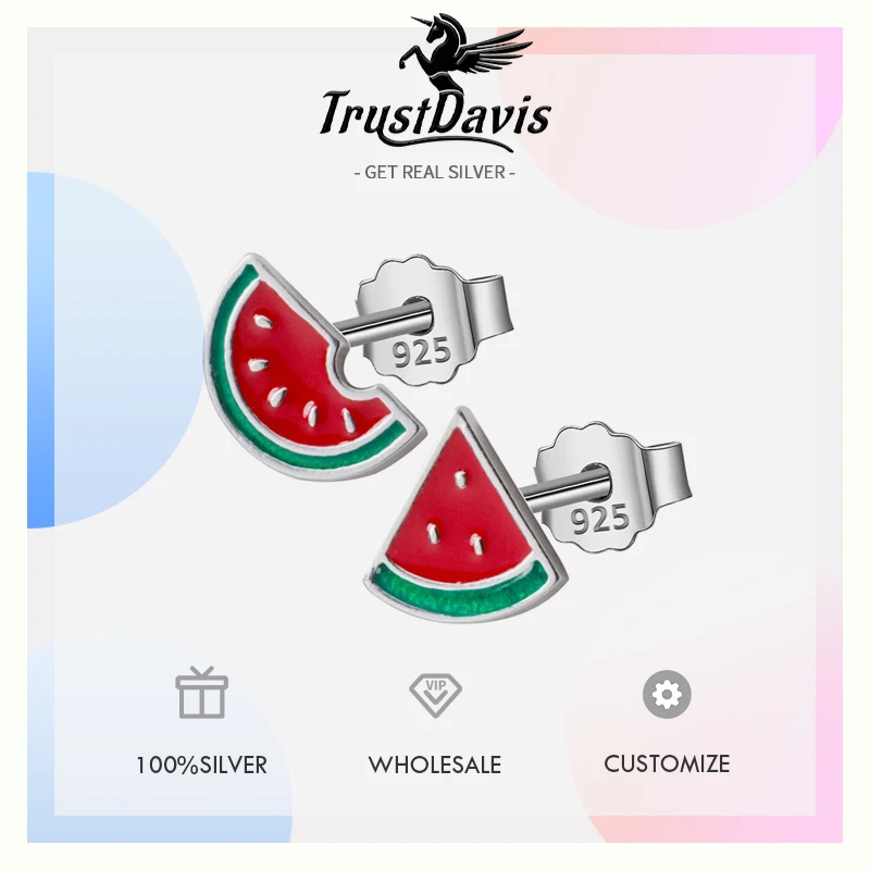 Trustdavis Real 925 Silver Fashion Asymmetric Summer Watermelon Stud Earrings for Women Daily Wear Jewelry Gift DS572