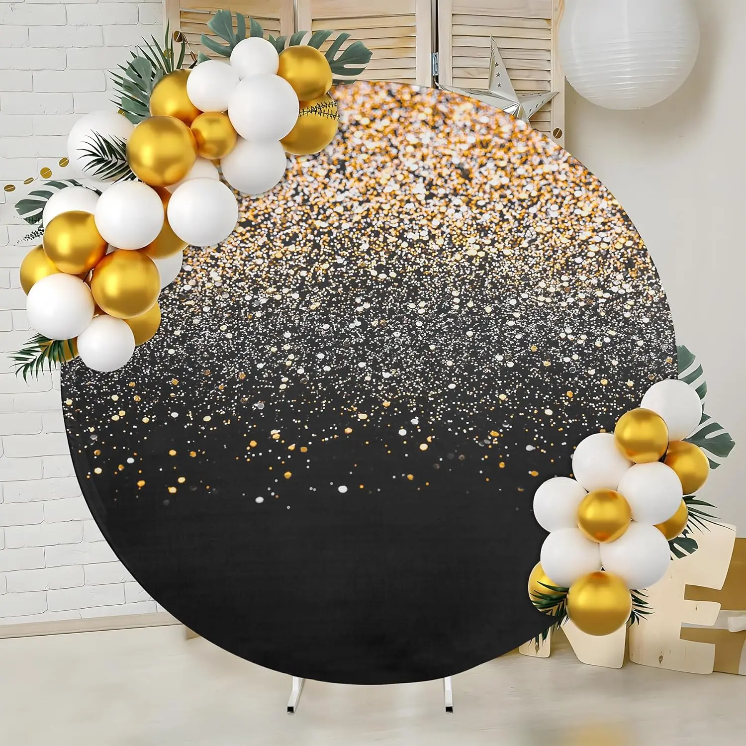 Black Gold Glitter Circular Background Cover Baby Bridal Shower Wedding Kids Adult Birthday Party Decor Round Backdrop Studio