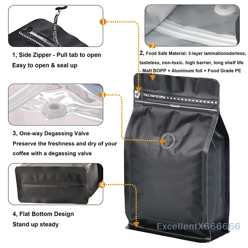 

50pcs For Ground Coffee Beans Nut Dried Tea Leaf Storage Packaging Coffee Stand up Pouch with Valve And Ziplock Pulltab