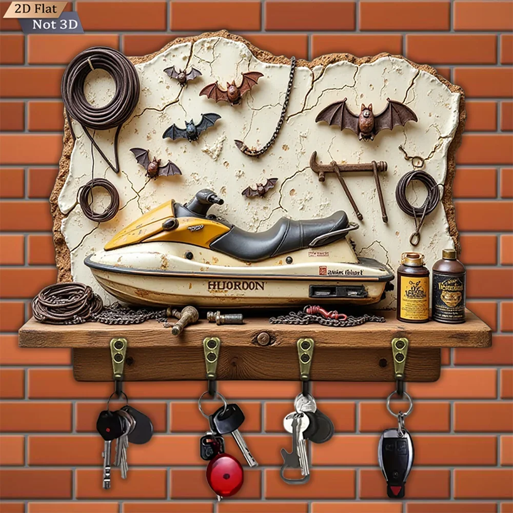 2D Flat, 1pc, Distressed Motorboat Key Hook, Wooden Multifunctional Home Key Hook with Four Metal Hooks, Wall Decoration, Porch