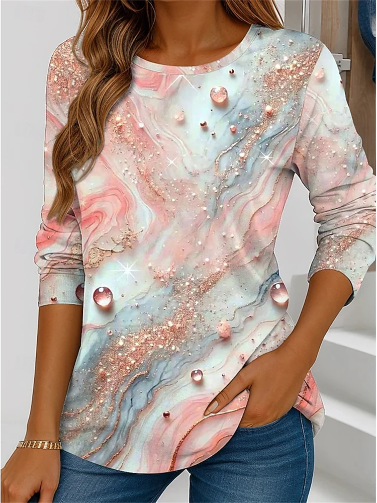 Autumn Women's Round Neck Long Sleeve Marble Pattern Fashion T-Shirt Street Style T-Shirt Elegant and Stylish Women's Top