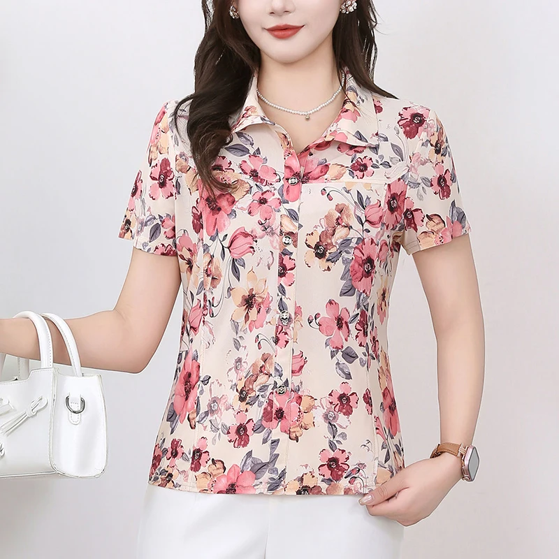 Camicette floreali impiombate stampate con risvolto elegante Abbigliamento donna 2025 Estate Nuovo allentato Manica corta Chic Top Camicie da donna da ufficio
