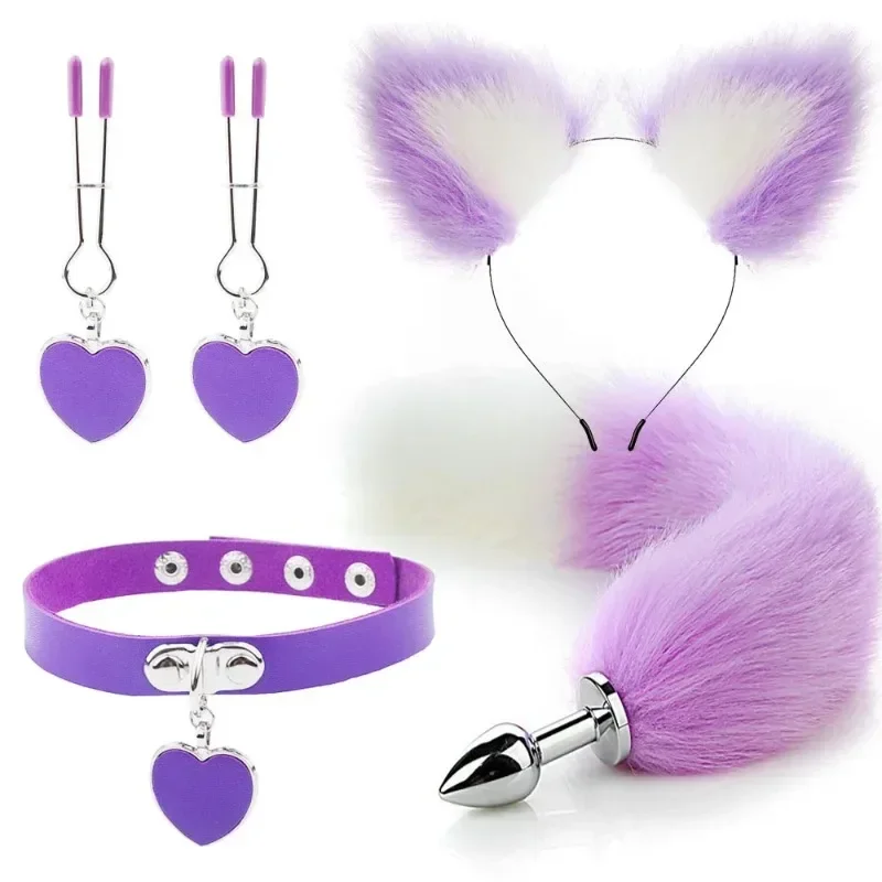 

Anal Sex Toys Fox Tail Butt Plug Sexy Plush Cat Ear Headband With Bells Necklace Set Massage Sex toys For Women Couples Cosplay