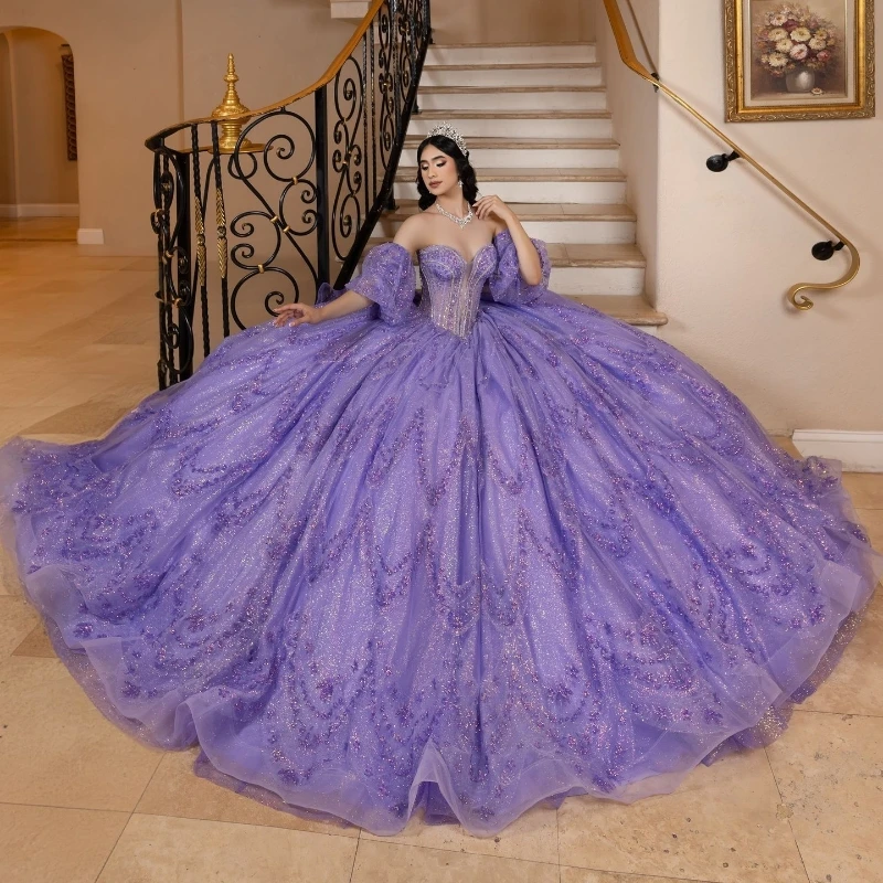 

Sparkly Lavender Princess Quinceanera Dresses Off Shoulder Ball Gown Glitter Crystals Beads Tull Sweet 16th Dress vestidos de 15