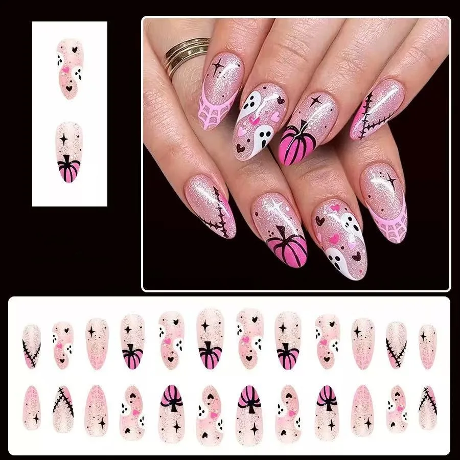24 Stück Niedliche DIY Aufklebenägel mit Halloween-Geister-Print, Mandelform, Künstliche Nägel für Frauen und Mädchen, für den täglichen Gebrauch und Partys – Detail 4