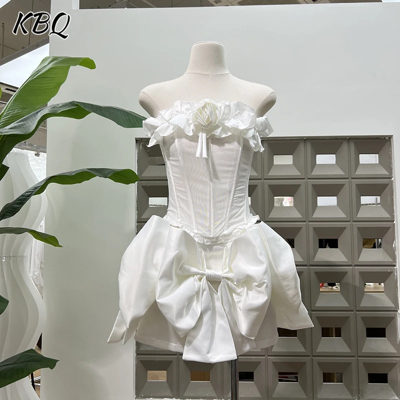 

KBQ Solid Two Piece Ladies Set Autumn Strapless Backless Spliced Folds Slim Tops High Waist Bow Tie Skirt Temperament Set Female