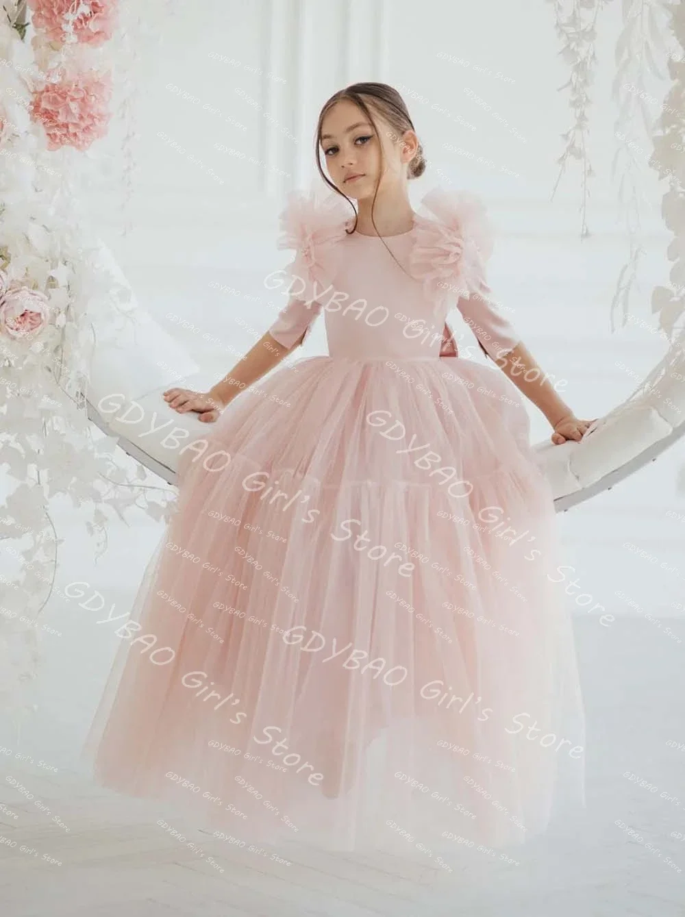 Vestido de niña de flores rosa personalizado con lazo, vestido de comunión de tul escalonado de media manga para niños, vestido largo de fiesta de cumpleaños