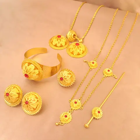 Dubai 24K Gold Plated Jewelry Set for Women African Bridal Red Stone Necklace Earrings Bangle Hairpin Nigerian Wedding Gift