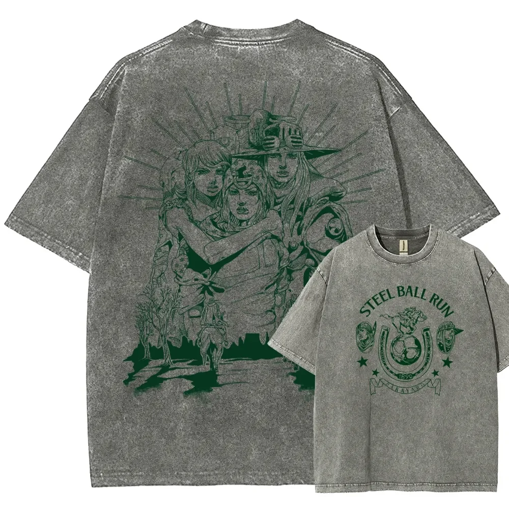Vintage Washed JoJo's Bizarre Adventure Johnny Joestar Gyro Zeppeli Printed Tee Unisex Oversized Cotton T-shirts Manga T Shirt
