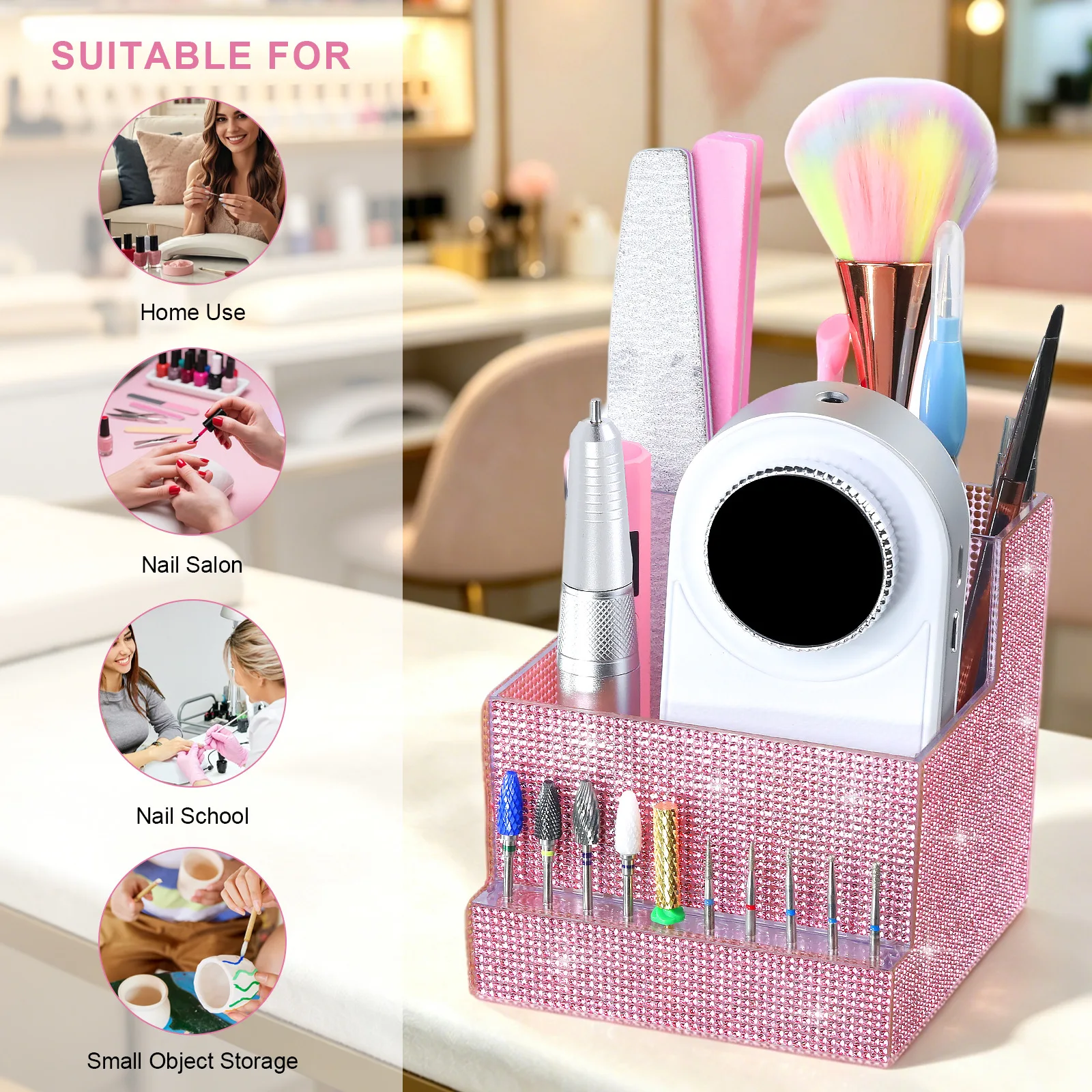 Bling Diamond Nail Art Tools Organizer Empty Box Rhinestone Desk Storage Stand for Efile Buffer Brush Display Case