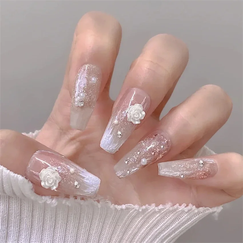 24PCS Medium Rectangular Camellia Wear Fake Nails Full Cover Acrylic Press on Nails Art Pearl Wear False Nail Finished Product