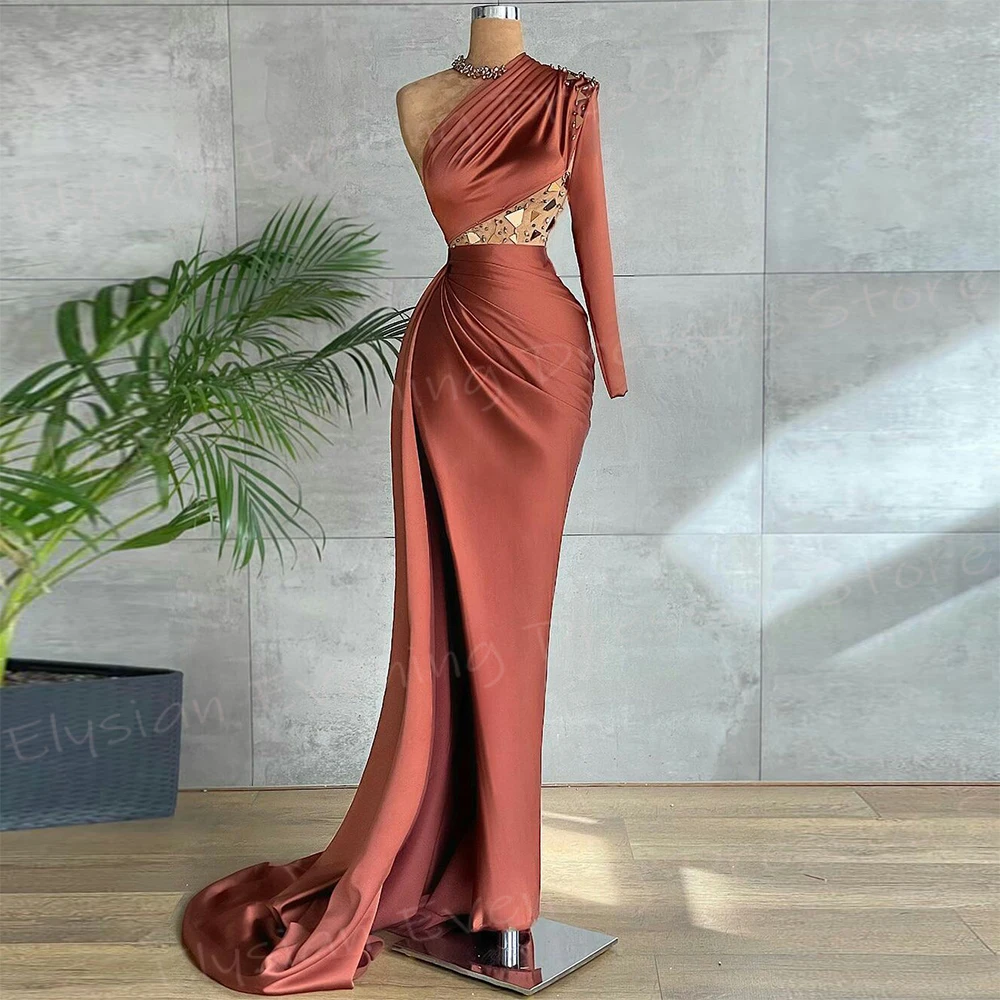 

Graceful Women's Mermaid Modern Evening Dresses Sexy One Shoulder Prom Gowns Pleated Long Sleeve Formal Party Vestido De Noche