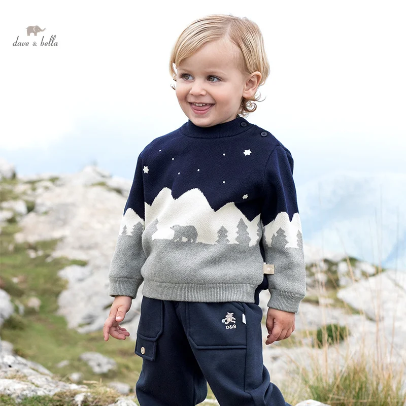 Dave Bella 2023 New Autumn Winter Boys Children Tops Sweater Pullover Fashion Casual Cool Half High Collar Outdoor DB4237529