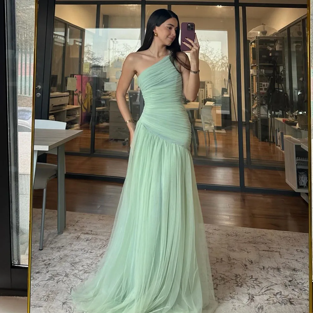 

Customize Formal Evening Dresses for Women 2026 One Shoulder Mermaid Prom Gowns Long Pleated Tulle Trumpet Formal Party Dress