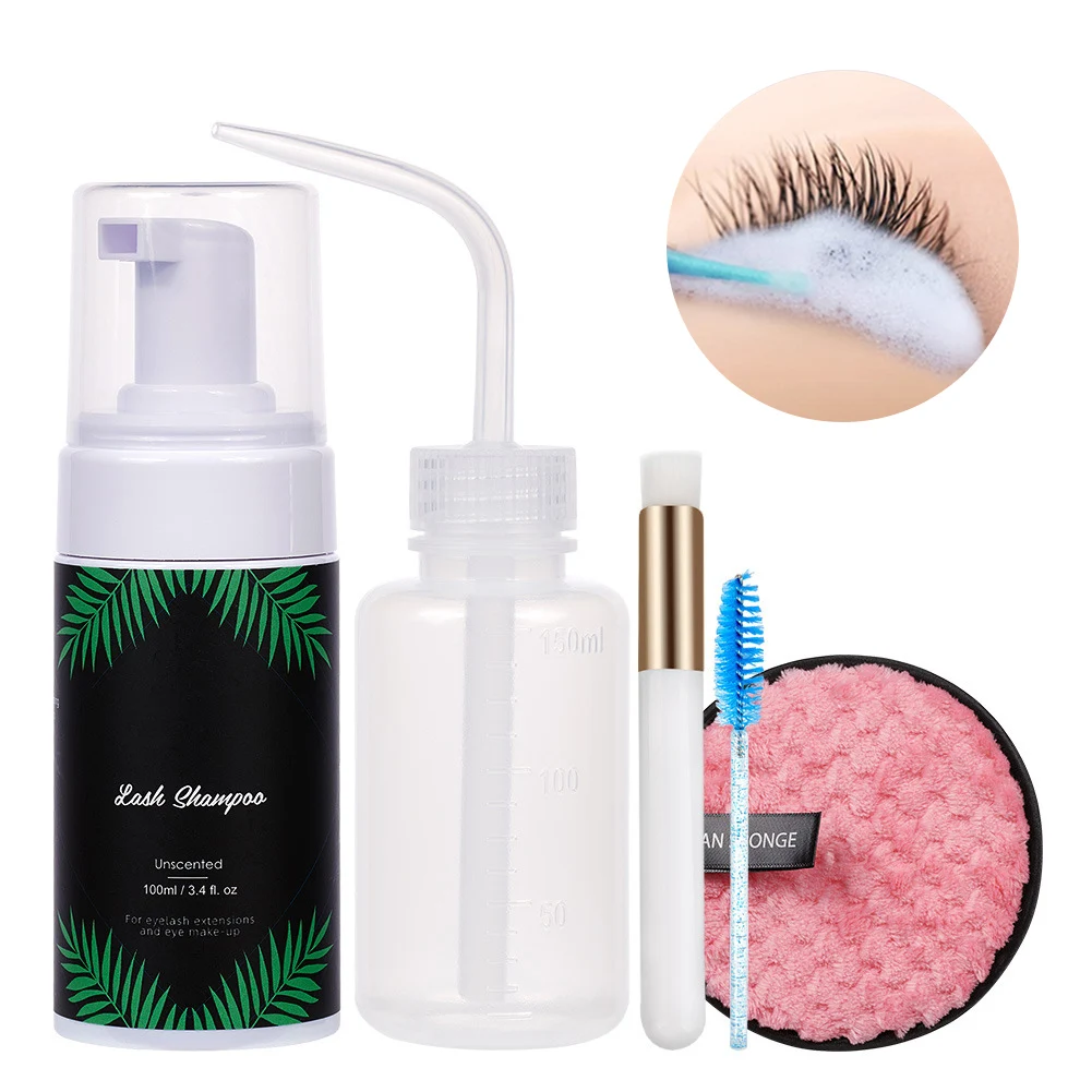 100ml Eyelash Cleansing Shampoo Kit Gentle Non-irritating Eye Lashes Clean Foam Mousse Makeup Remover Pads and Lash Brush