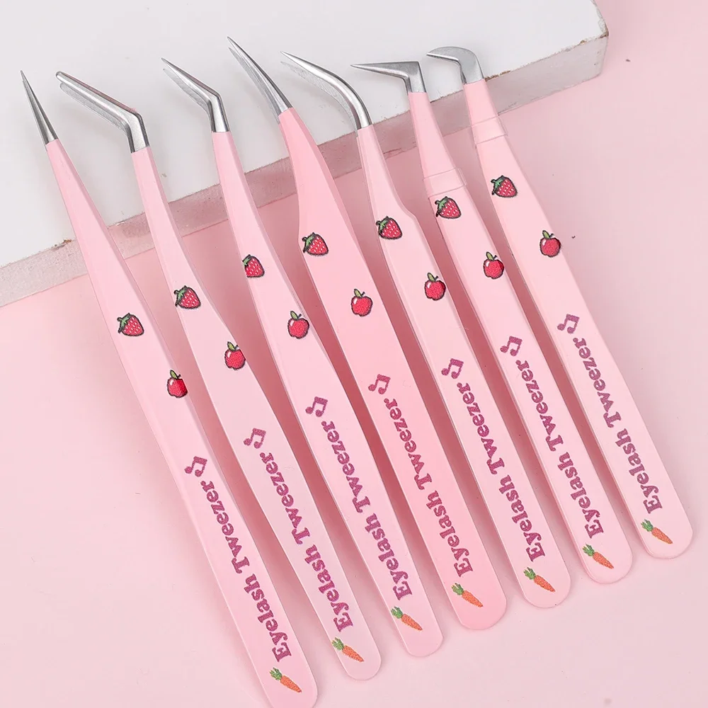 Pink Stainless Steel Eyelash Tweezers Set High-quality 3D False Lashes Extension Tweezer Makeup Tools Anti-static Eyelashes Tool