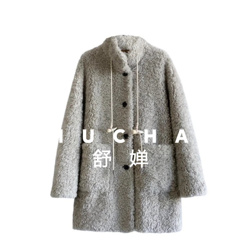 معطف صوف 100% للنساء جديد دافئ من صوف الضأن والفرو المتكامل بياقة واقفة وإبزيم معطف صوف متوسط وطويل للنساء #1