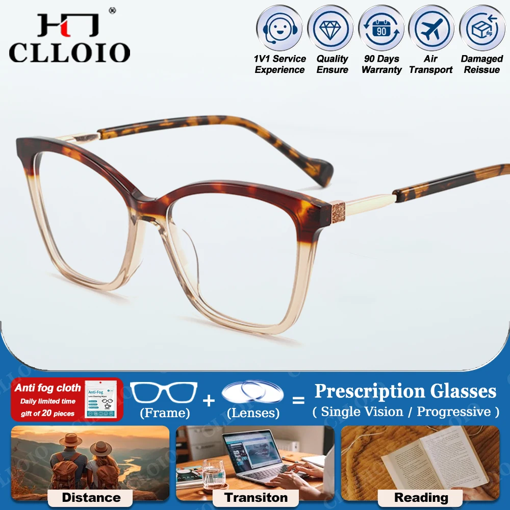 

CLLOIO Simple Large Frame Cat Eye Prescription Glasses Women Acetate Anti Blue Light Myopia/Reading/Multifocal Optical Eyeware