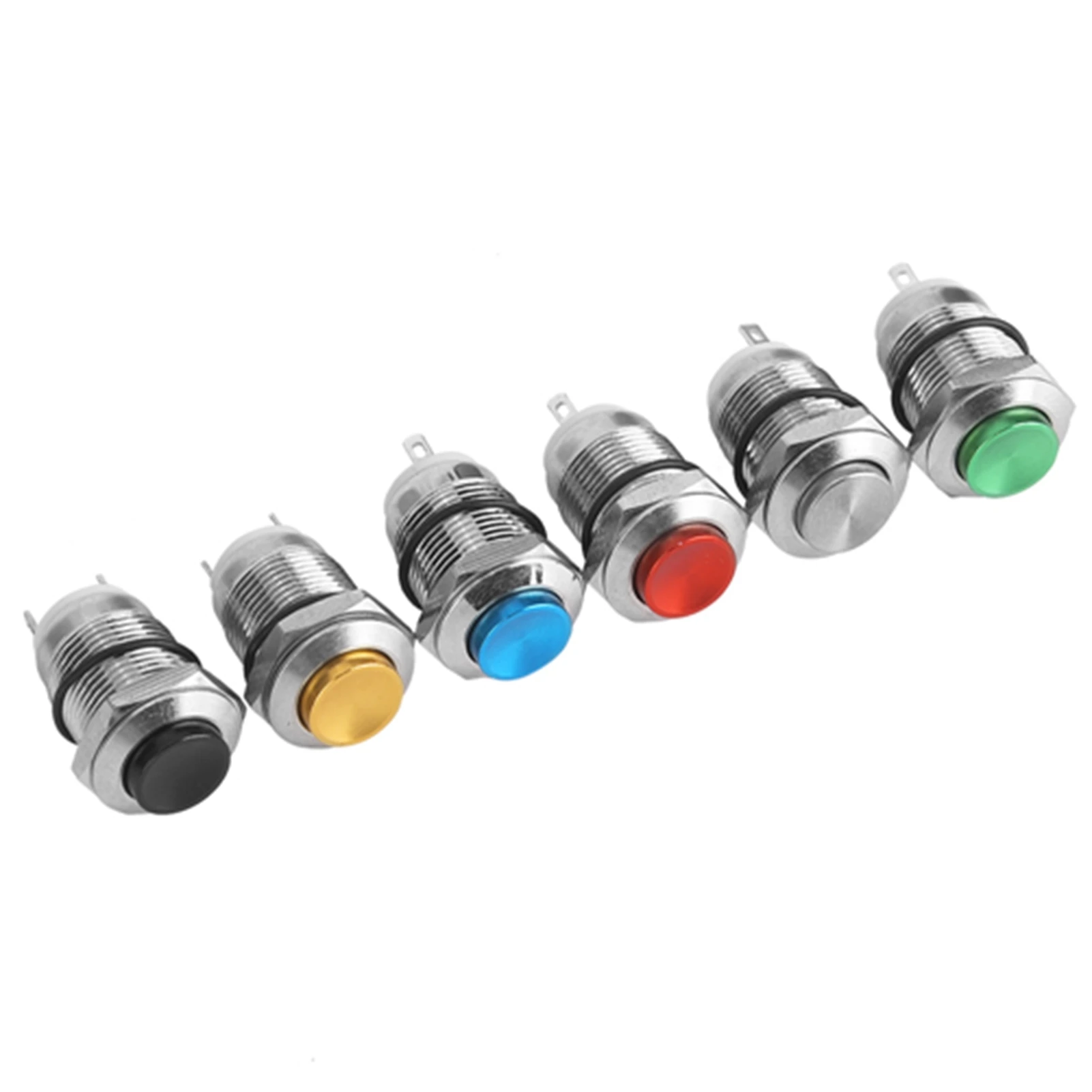 6Pcs Metal Button Switch 2 Pins IP67 Waterproof Reset Without Light 12mm(red, Green, Yellow,blue,black,metallic)
