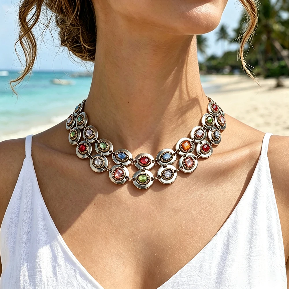 Neues Design Metallketten mit Eingelegten Bunten Kristall-Strass-Steinen Choker-Halskette für Damen Statement-Schmuck Geschenke für Feiertage und Partys – Detail 2