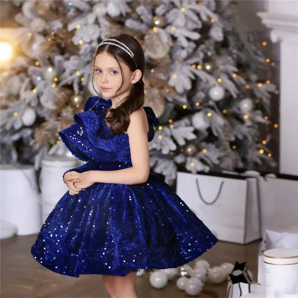 

Customized Baby Flower Girl Wedding Dress Sequins One Shoulder Layered Birthday Party Dress Evening Gown For Girls vestido