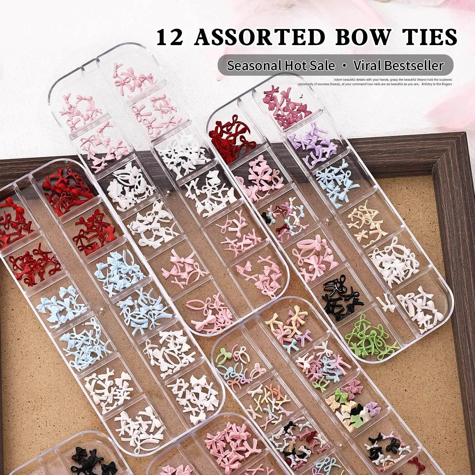 새로운 12칸 미니 블랙 핑크 리본 믹스 컬러 보타이 네일 드릴 스위트 DIY 네일 아트 액세서리 장식 매니큐어