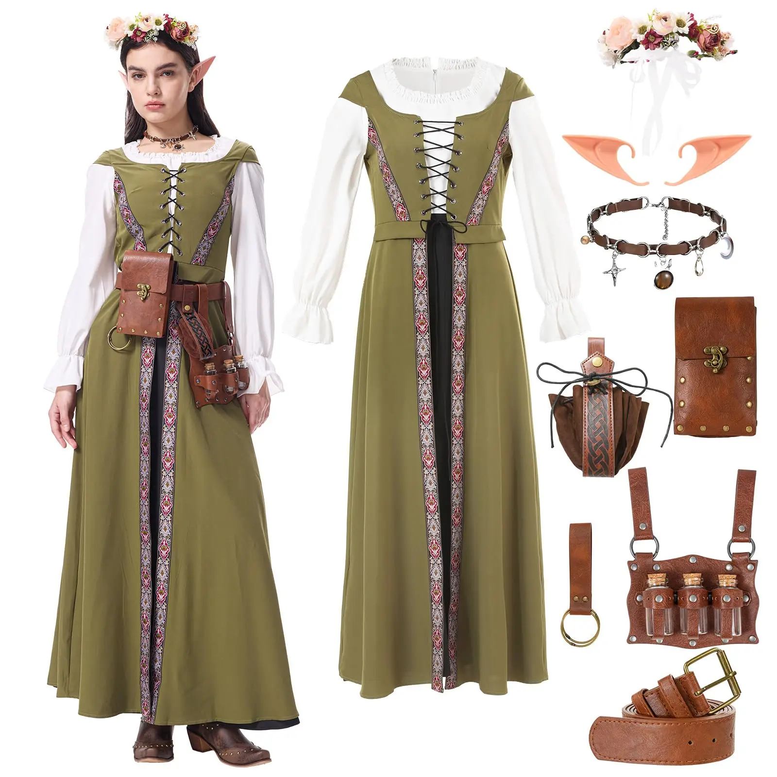 

Medieval Costume Women Lantern Sleeve Belt Dress Adjustable Belt Waist Bag Embroidery Suitable For Renaissance Cosplay Parties